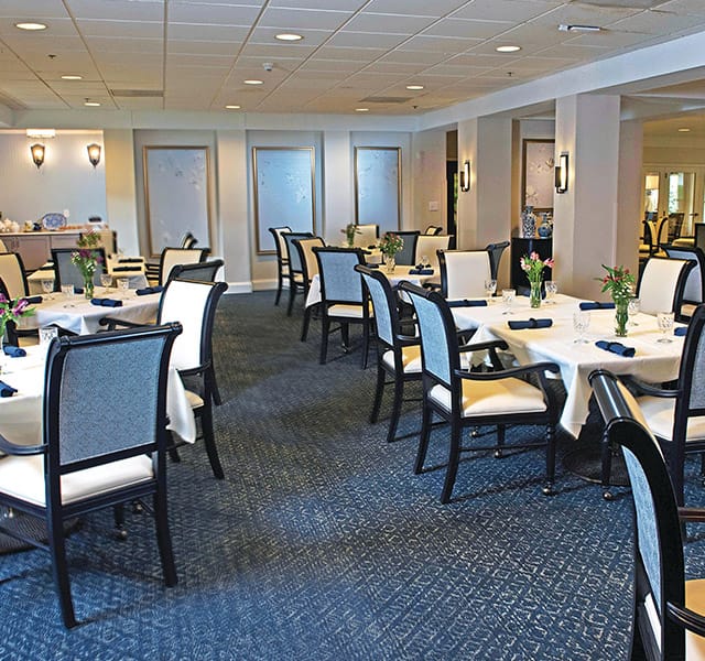 The Fountains at the Albemarle Dining - The Dining Room A formal space for residents to sit and enjoy a chef-prepared meal on-site with loved ones or friends.