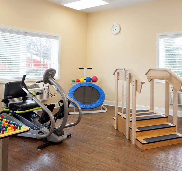 The Fountains at the Albemarle Fitness An assortment of fitness equipment including a bike, trampoline and stairs with railing found on-site at The Fountains at The Albemarle.