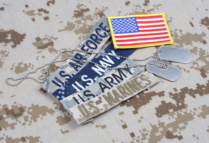 The Fountains at the Albemarle The Neighborhood - Veterans Museum MILITARY concept with branch tapes and dog tags on camouflage uniform background.