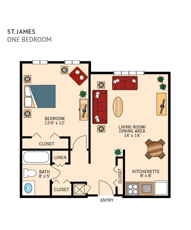 A sample one bedroom floor plan at The Fountains at The Ablemarle.