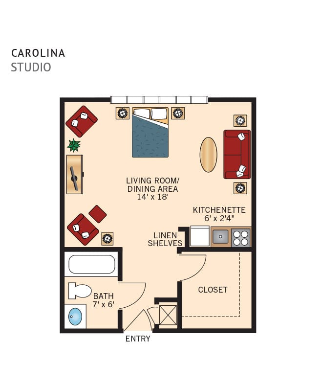 A sample studio floor plan at The Fountains at The Ablemarle.