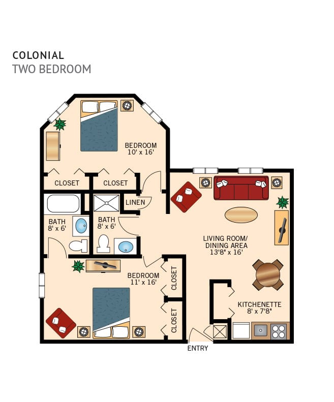 A sample two bedroom floor plan at The Fountains at The Ablemarle.