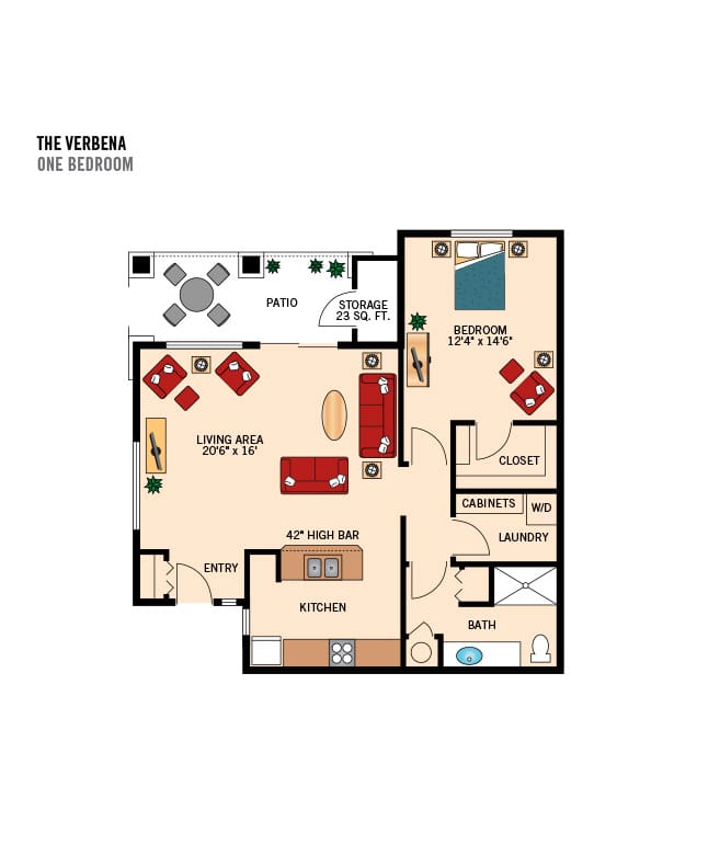 Casitas living 1 bedroom floor plan.