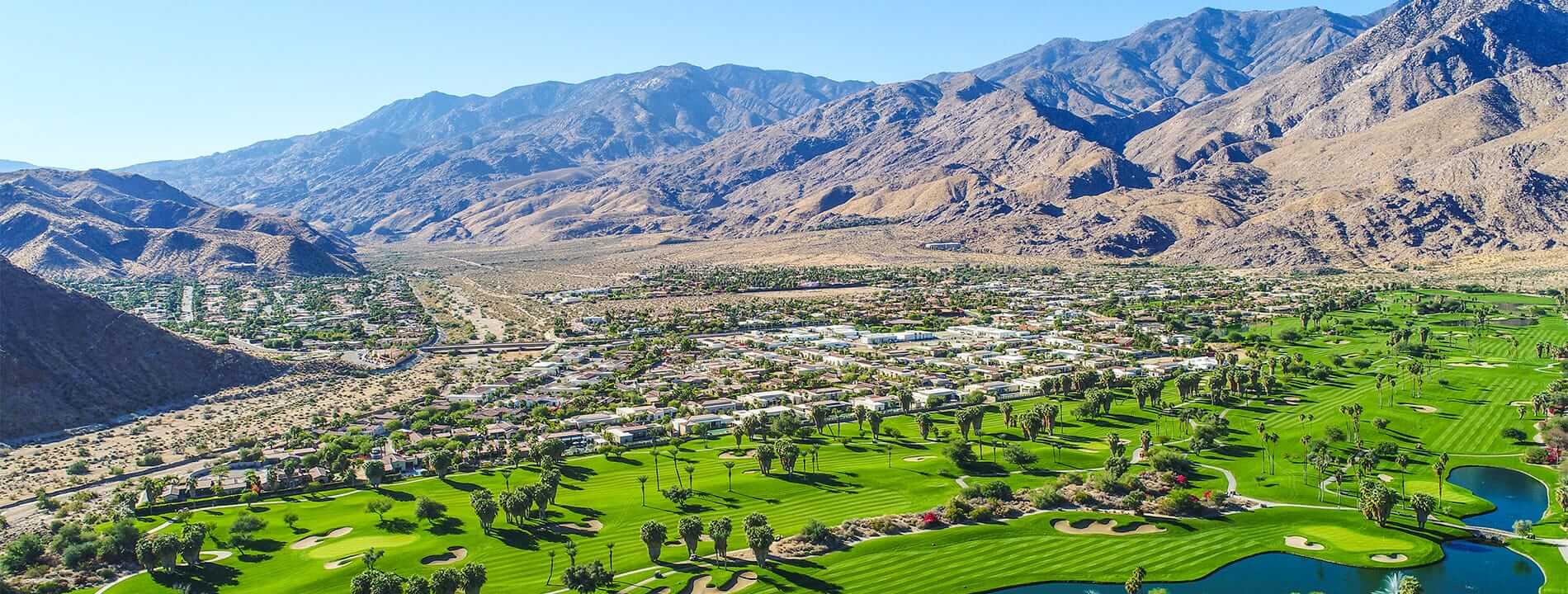 A beautiful aerial of Palm Springs and Palm Desert taking during a gorgeous blue-sky morning with 25+ miles of visibility.