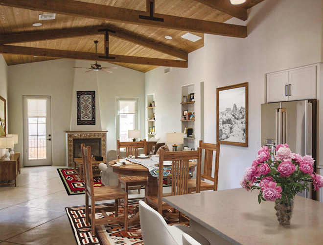 Furnished seating area with a fireplace.