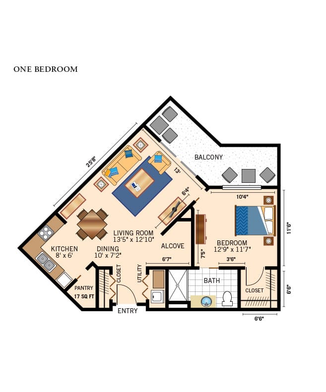 One bedroom apartment floor plan.