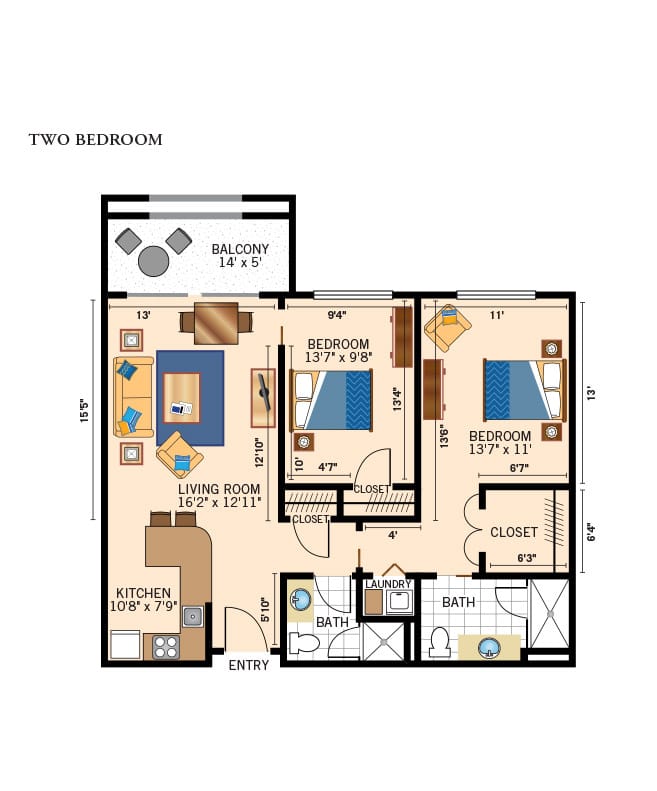 Two bedroom apartment floor plan.