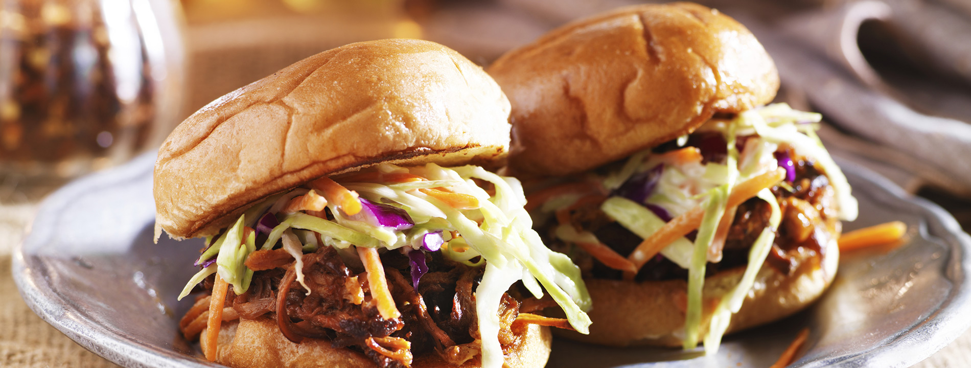 Close up of pulled pork sandwiches.