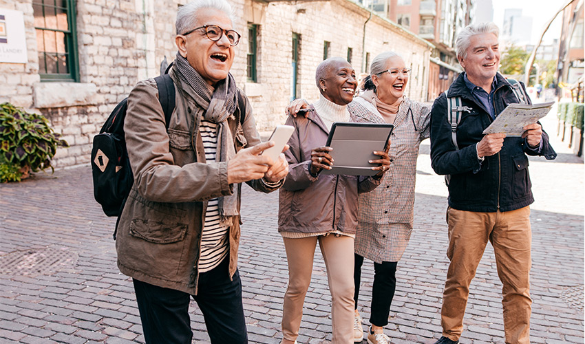 Tourists walking through town.