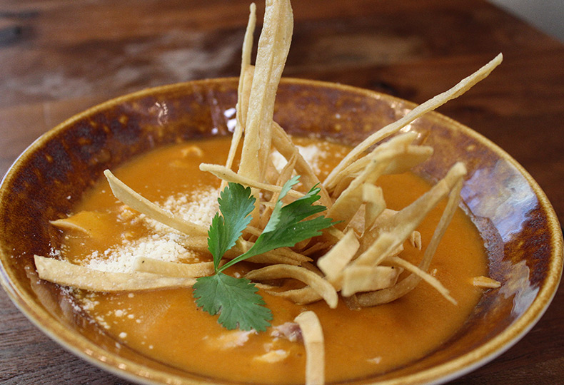 A soup with chips sticking out.