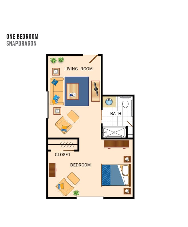 One bedroom floor plan for independent and assisted living at The Hacienda at the River.