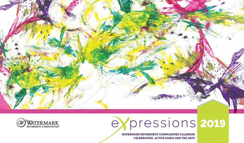 Cover image of the Expressions 2019 calendar featuring a splatter painting with greens pink and purple.