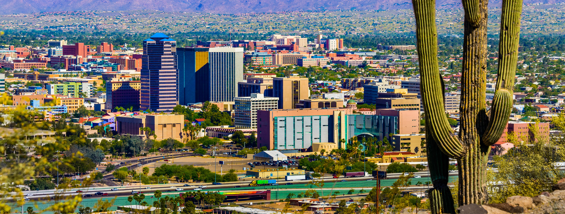 An aerial shot of DT Tucson, AZ on a clear afternoon.