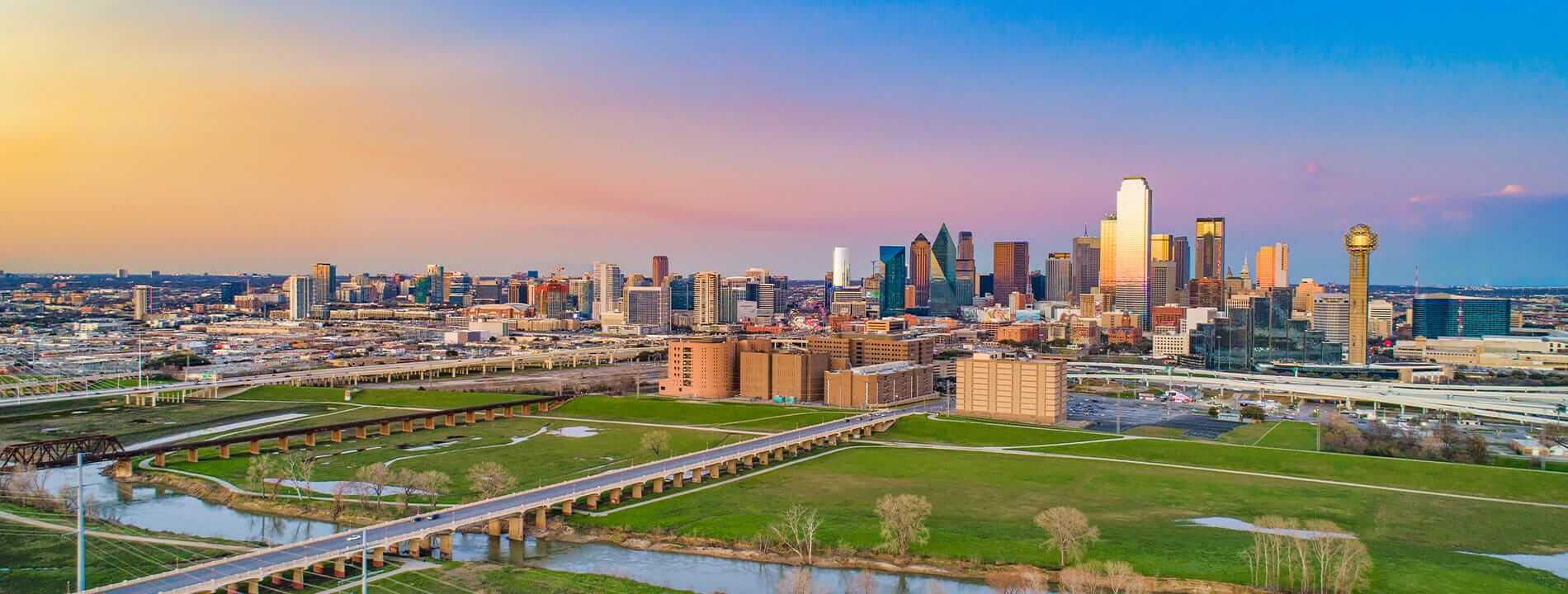 Dallas, Texas, USA Downtown Drone Skyline Aerial Panorama.