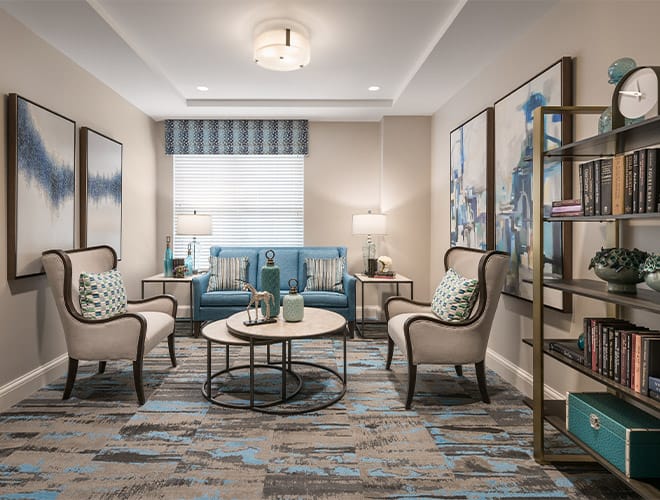 Seventh floor lounge located at The Preston of The Park Cities.