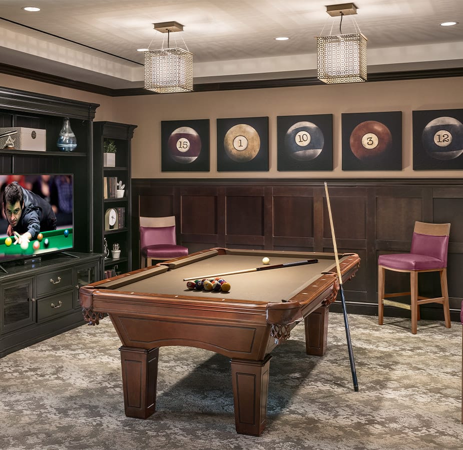 Sixth floor billiards space at The Preston of The Park Cities.