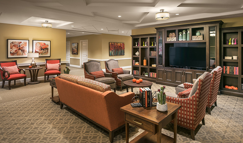 A library featuring comfy seating with a large tv.