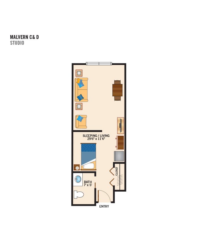 Memory care studio floor plan for The Watermark at Bellingham.