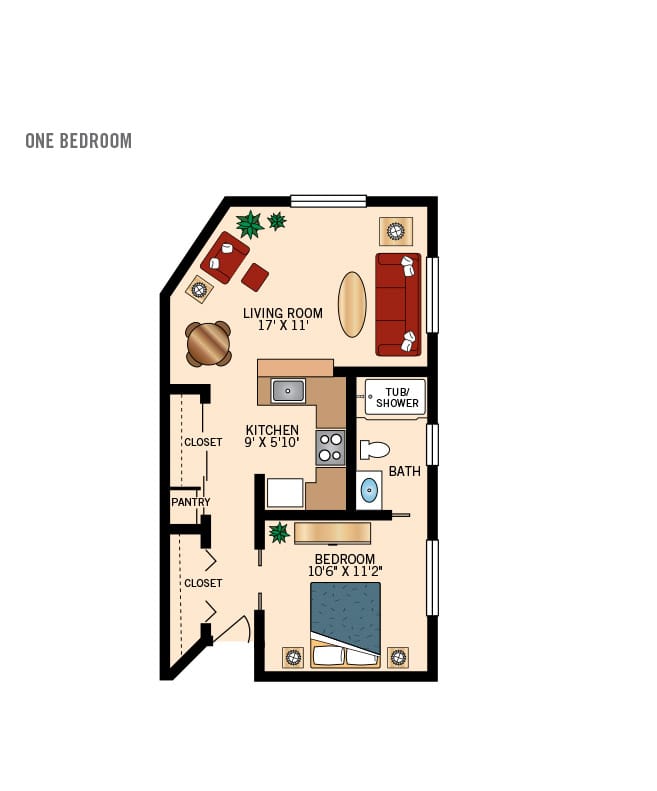 Independent living one bedroom floor plan for The Watermark at East Hill.