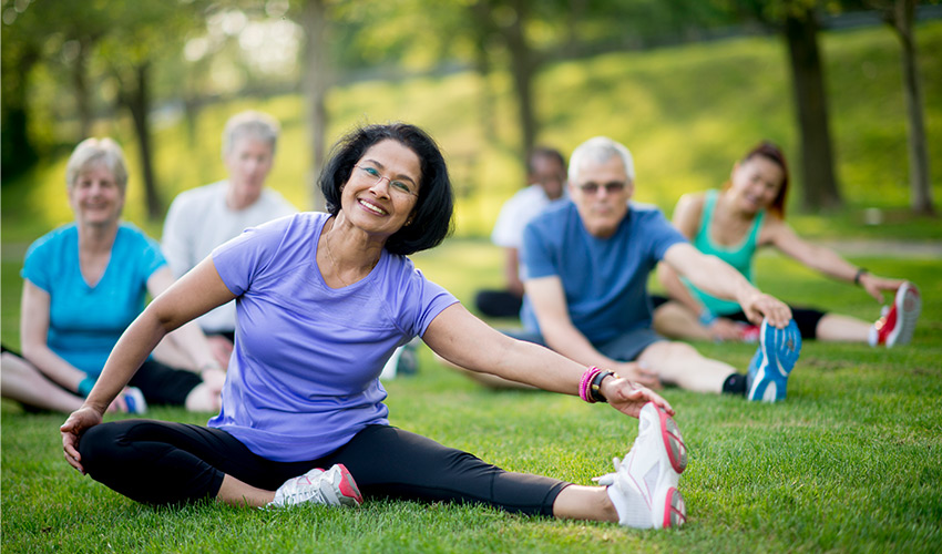 people stretching on the grass