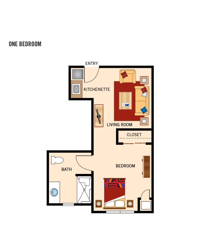 Assisted Living one bedroom floor plan for The Watermark at San Ramon.