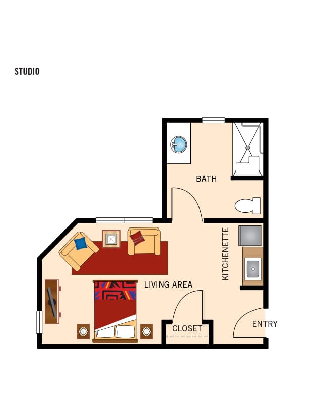 Assisted Living studio floor plan for The Watermark at San Ramon.