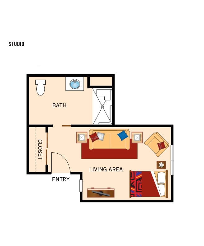 Memory care studio floor plan for The Watermark at San Ramon.