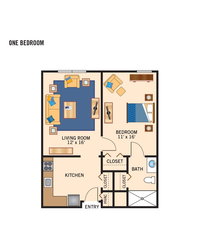 One bedroom apartment floor plan.