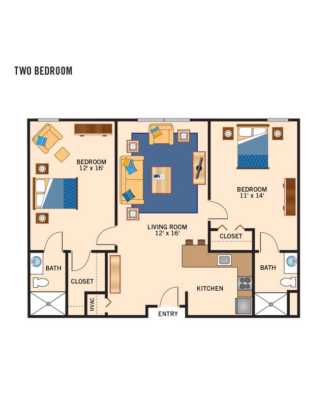 Two bedroom apartment floor plan.