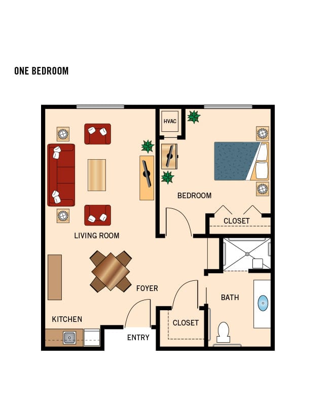 One bedroom apartment floor plan.
