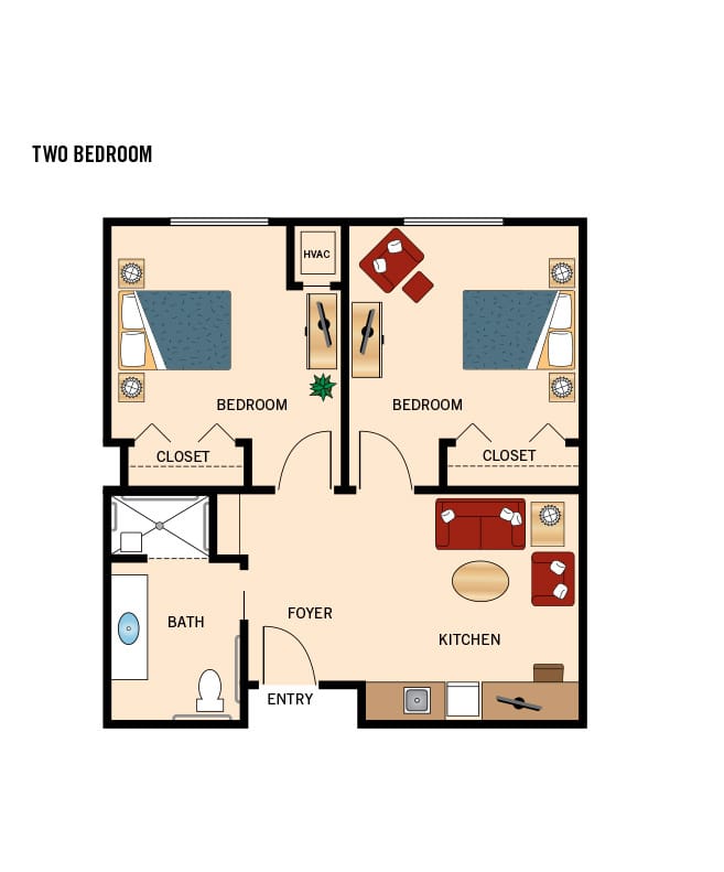 Two bedroom apartment floor plan.
