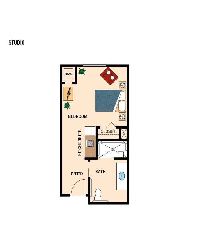 Assisted Living studio floor plan for The Watermark at Trinity.
