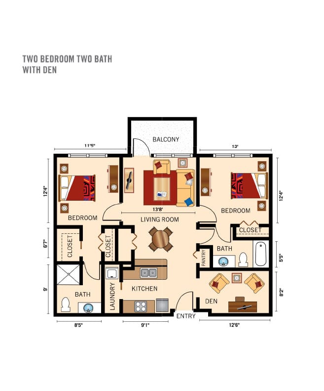 Independent Living two bedroom floor plan for The Watermark at Trinity.