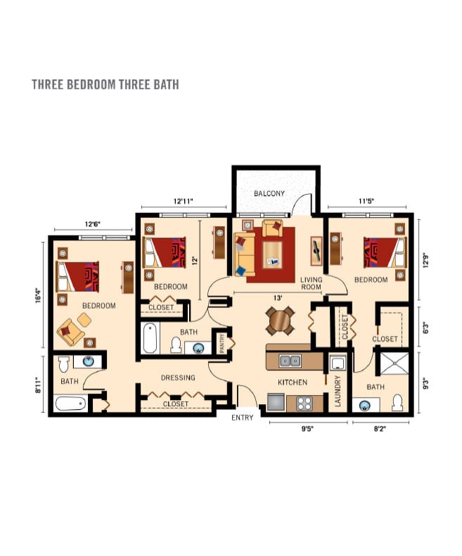 Independent Living three bedroom floor plan for The Watermark at Trinity.