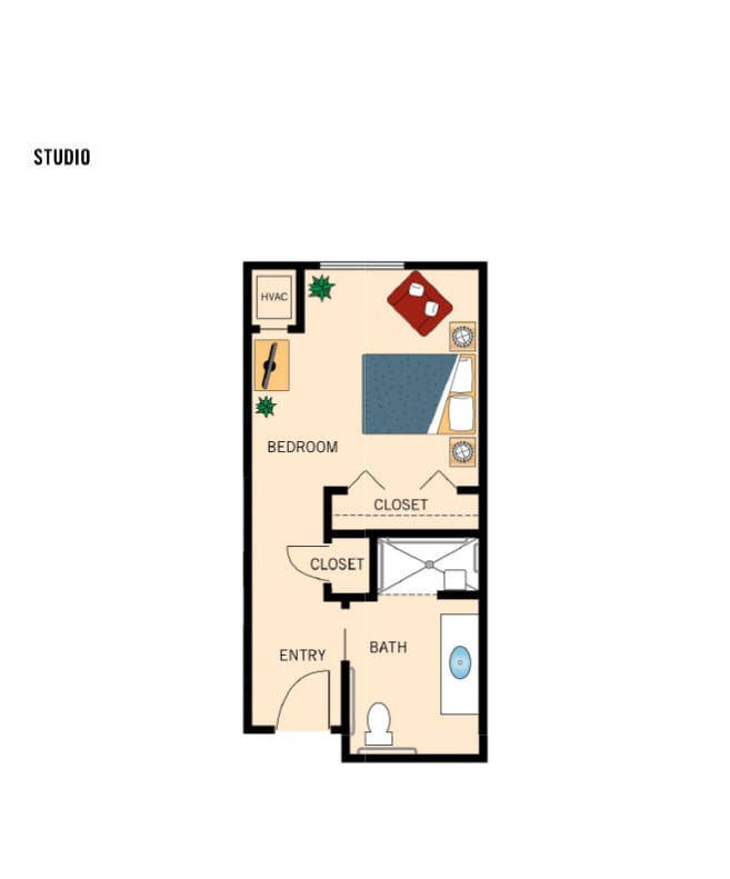 Memory care studio floor plan for The Watermark at Trinity.