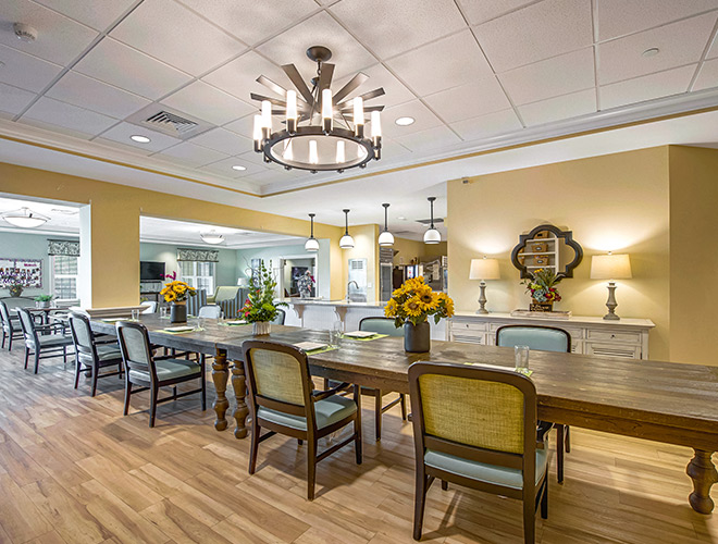 A long table in the dining area.