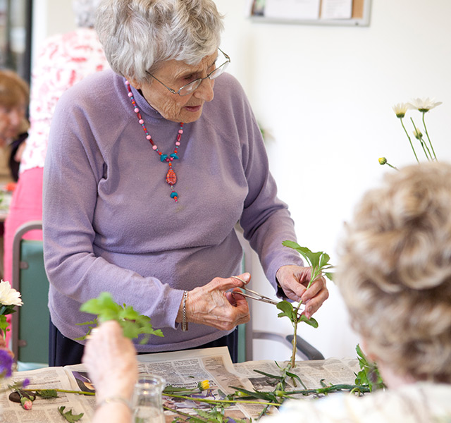 A person cutting flower stems.