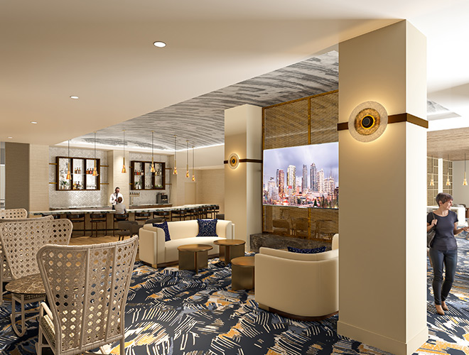 A lounge with a bar and seating.
