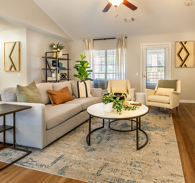 Newly renovated living room of a model apartment.