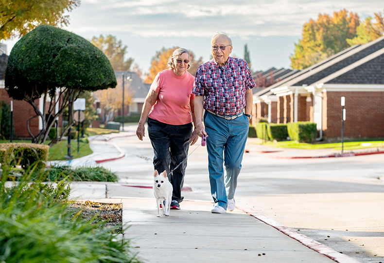 Residents walking their dog on the sidewalk.