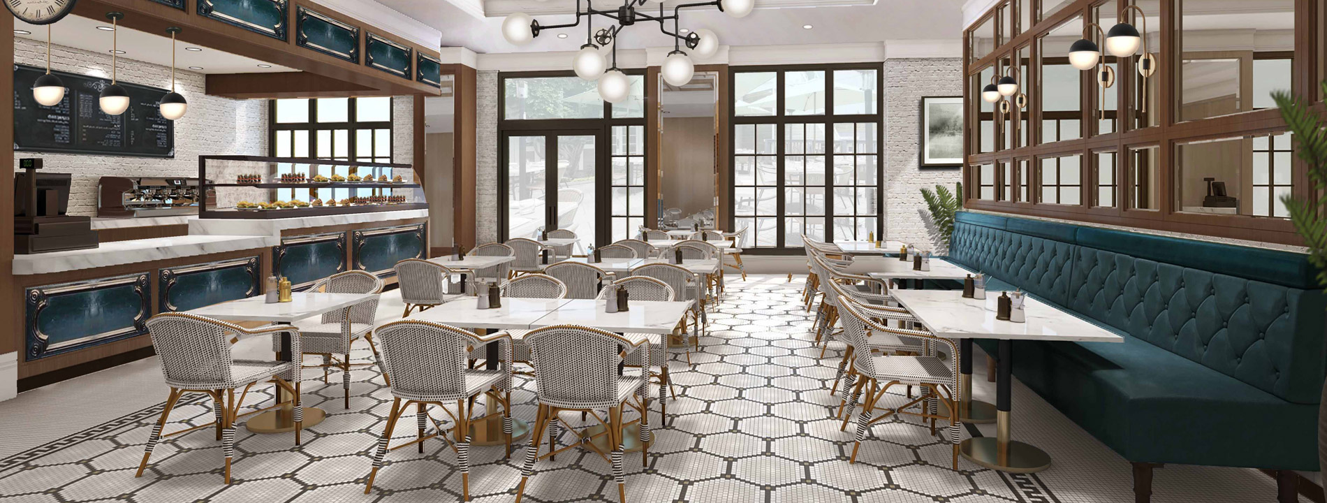 elegant and modern cafe with ample tables and chairs