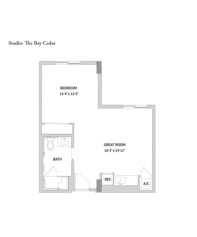 Studio bedroom apartment floorplan.