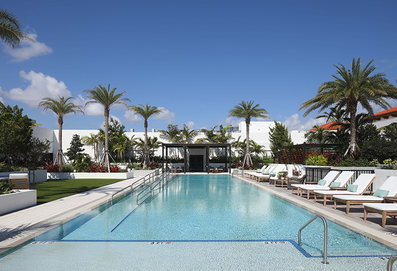 An outdoor pool with palm trees and lounge chairs.