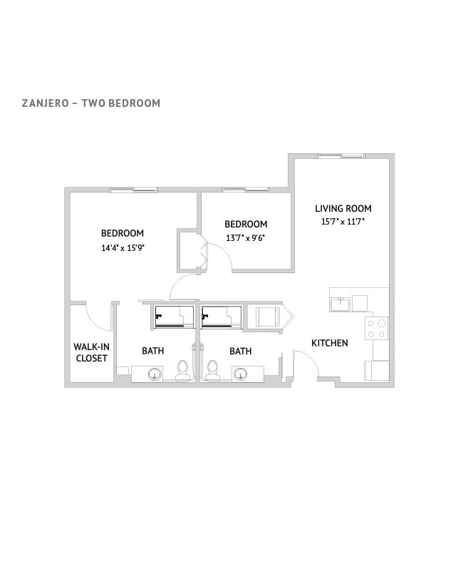 Two bedroom apartment floor plan.