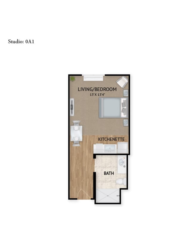 Assisted Living studio floor plan for The Watermark at Napa Valley.