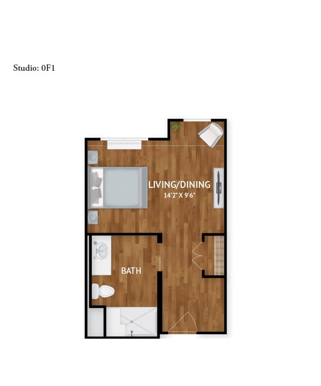 Memory Care studio floor plan for The Watermark at Napa Valley.