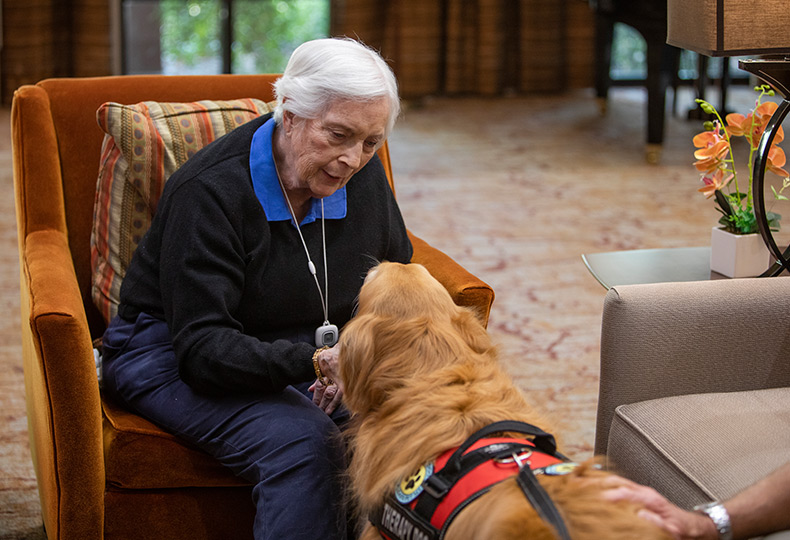 A resident is petting their dog.
