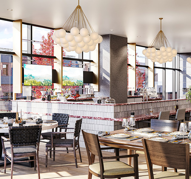 A bar and lounge with large windows and modern lighting.