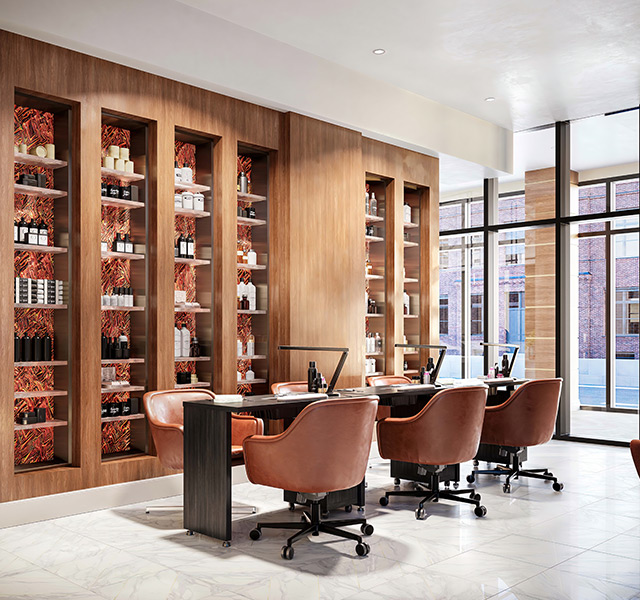 Salon chairs with shelves of product.