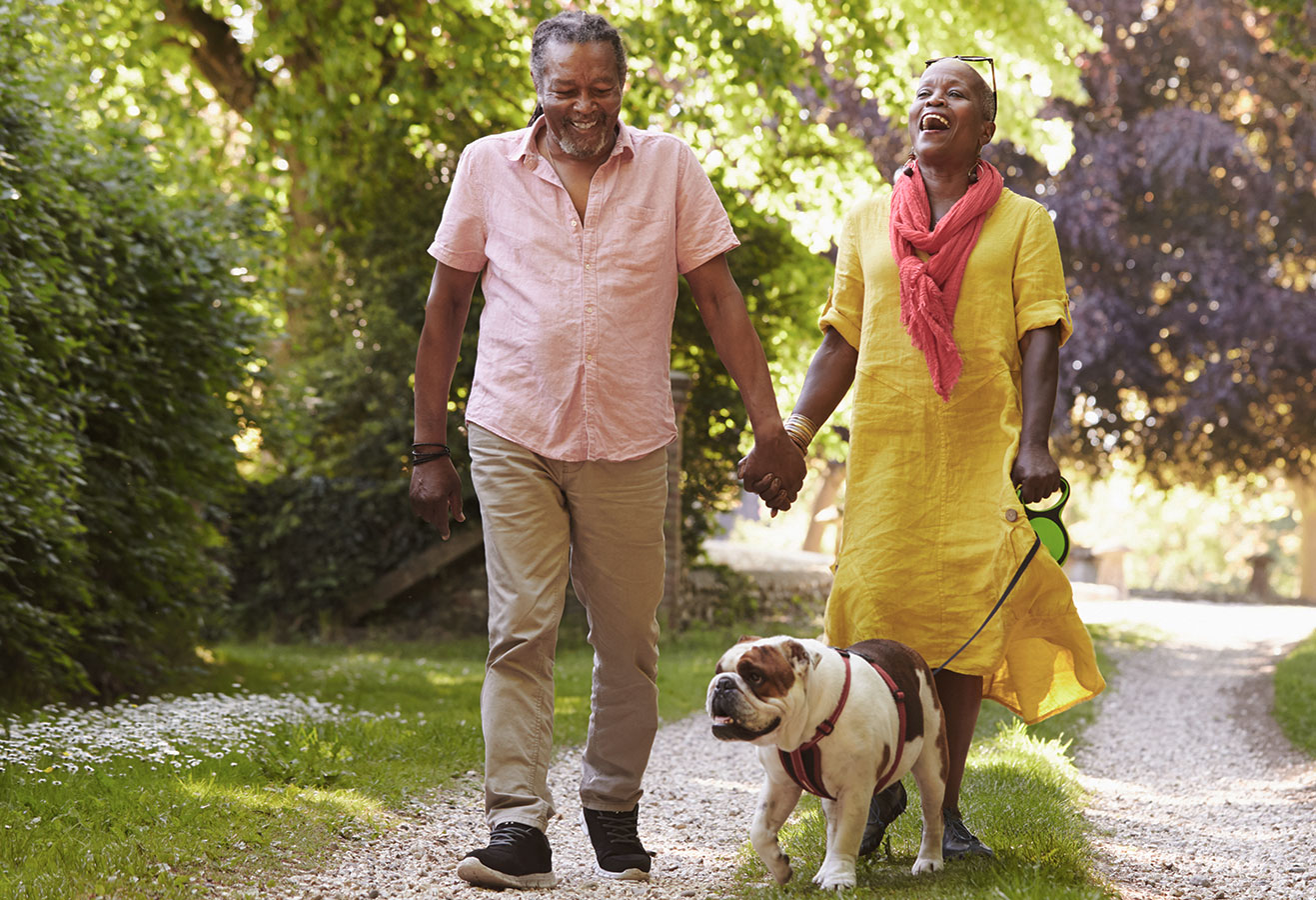 Residents walking their dog.